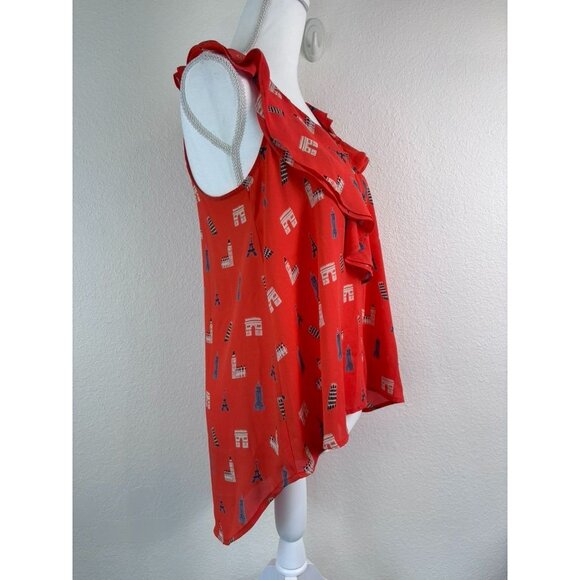Maeve Anthropologie women's 6 orange asymmetrical hem Eiffel tower ruffle tank - Picture 2 of 7